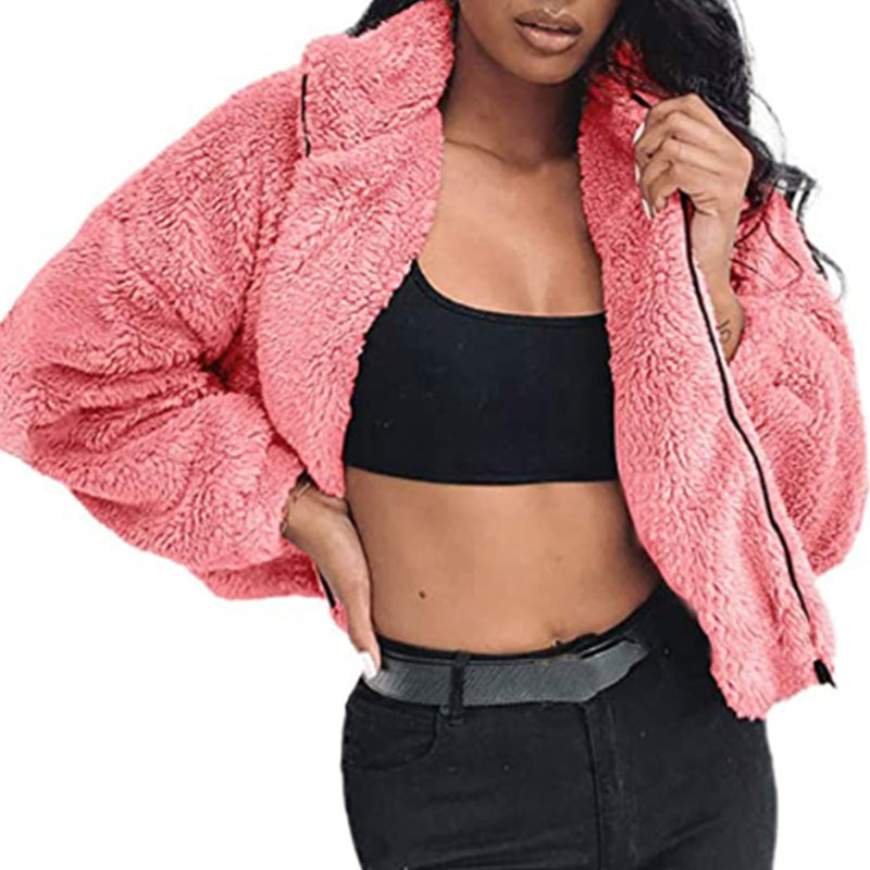 Women's warm coat faux fur jacket winter strong zipper loose long sleeves Pink - Shop at LoveMi