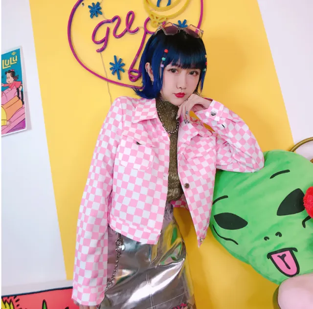 Harajuku Style Checkerboard Plaid Girl Version Lapels Early Autumn New Blazer - Shop at LoveMi