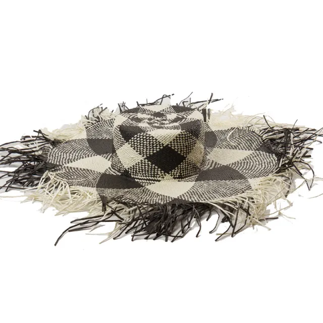 Straw hat with flat top and hairy brim Black And White - Shop at LoveMi