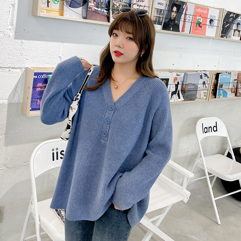 V-neck sweater women loose long sleeves