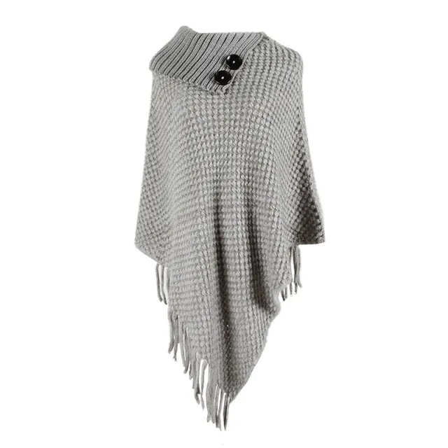 Buttoned half open collar tassel cape shawl Grey - Shop at LoveMi