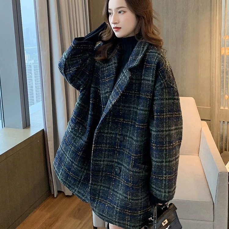 Loose small plaid tweed mid-length thick woolen coat
