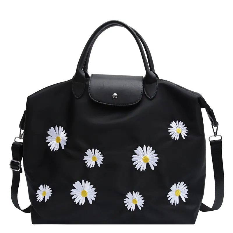 Embroidered small daisy portable large capacity bag - Black