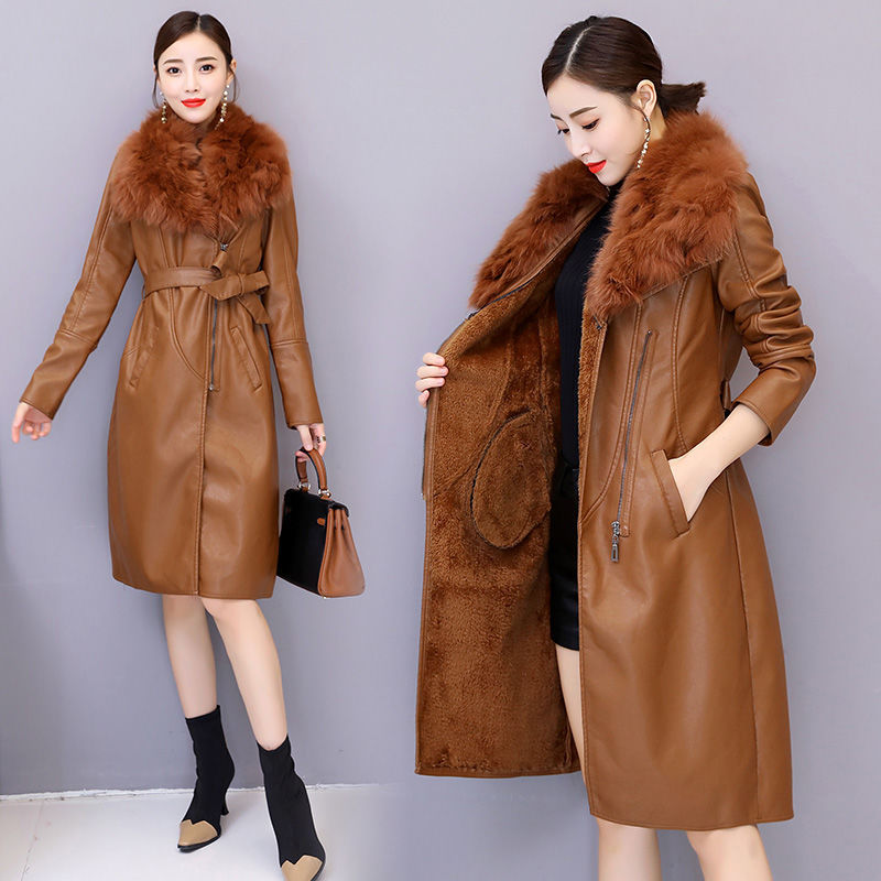 Velvet Warm Long Leather Jacket Caramel XL (CN)