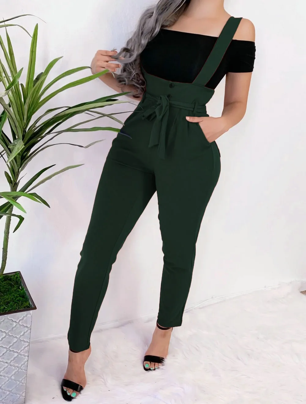 Fashion sexy slim casual suspender trousers - Green
