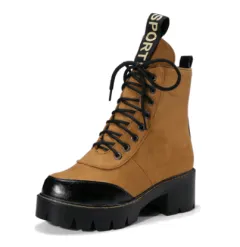 Fashion leather boots with flat bottom flat boots student women's boots rivet Martin boots - Yellow - View 1