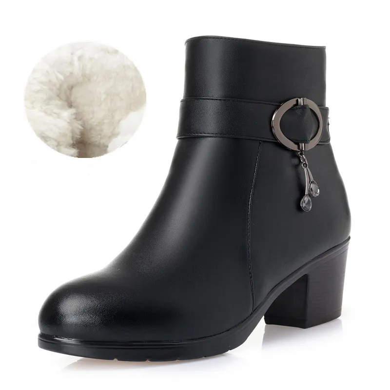 Thick heel and velvet warm leather boots - Black
