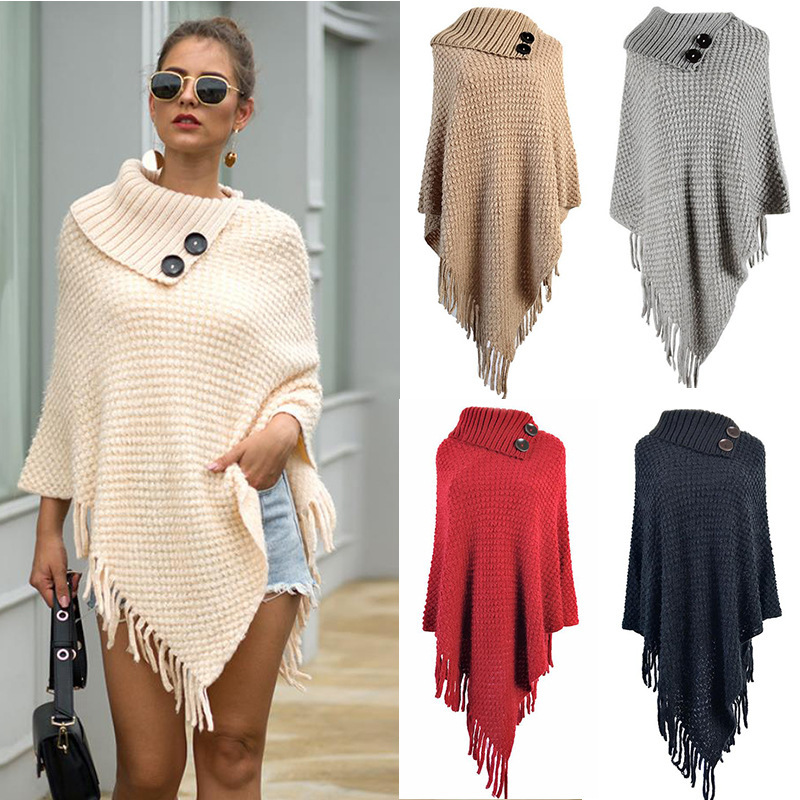 Buttoned half-open collar tassel cape shawl