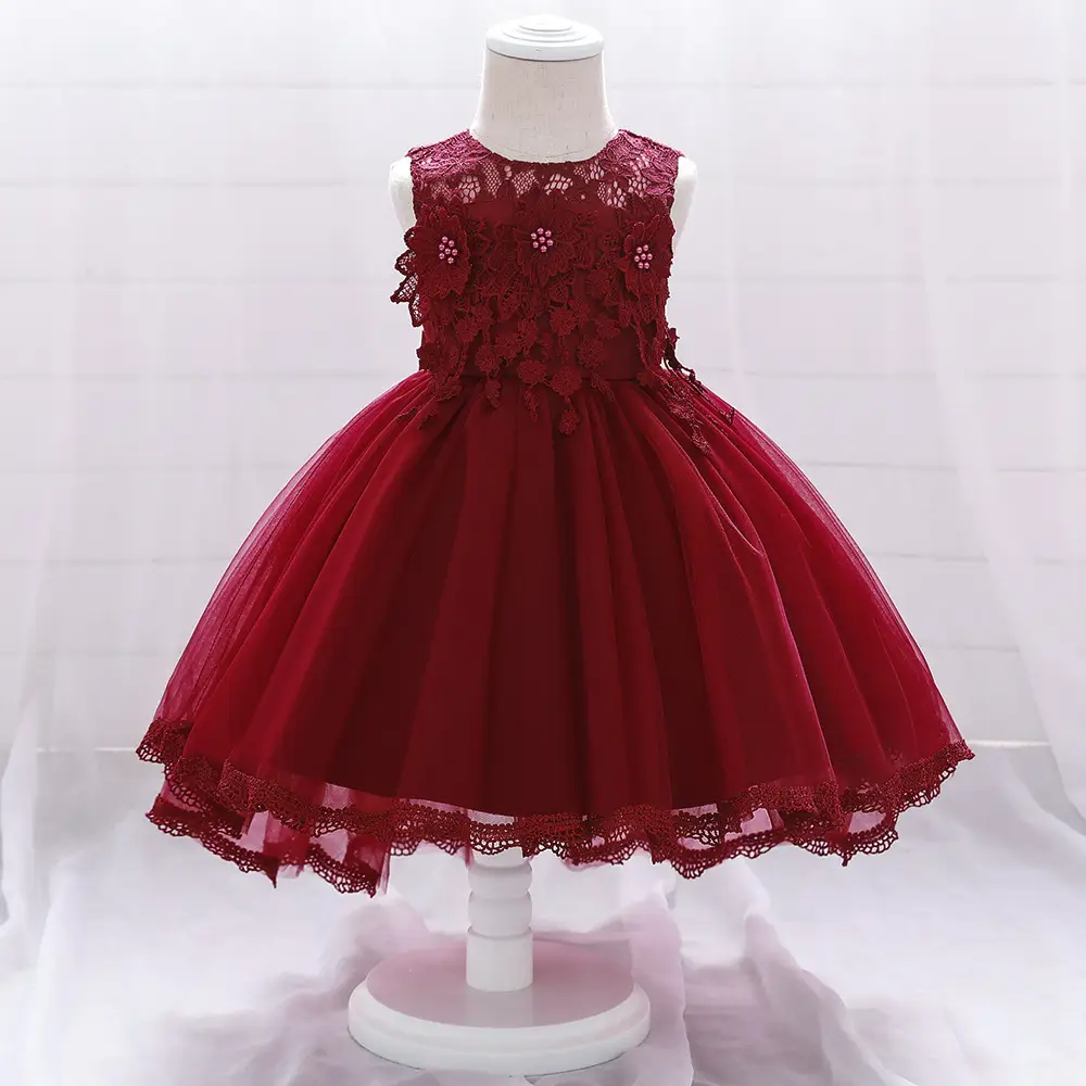 Flower girl dress lace flower pearl one-year-old dress