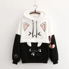 College style cartoon cat hooded plus velvet student sweater - Black - View 1