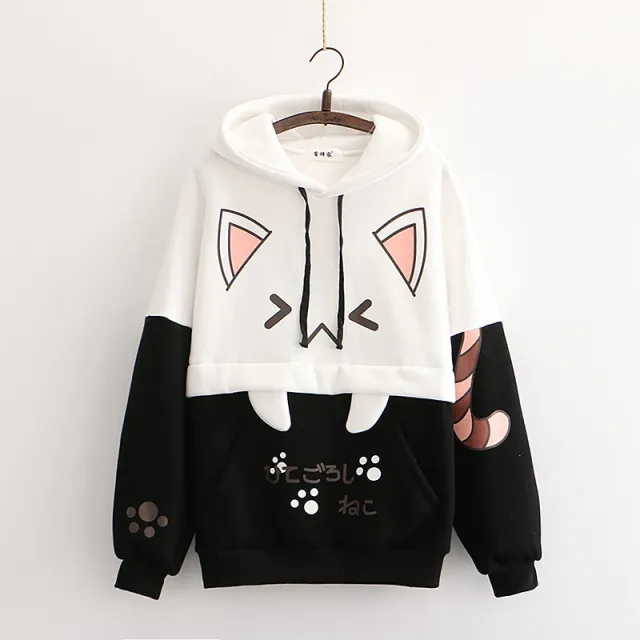 College style cartoon cat hooded plus velvet student sweater Black - Shop at LoveMi
