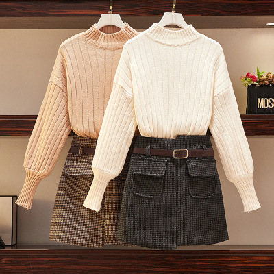 Colorblock knitted sweater and woolen skirt suit