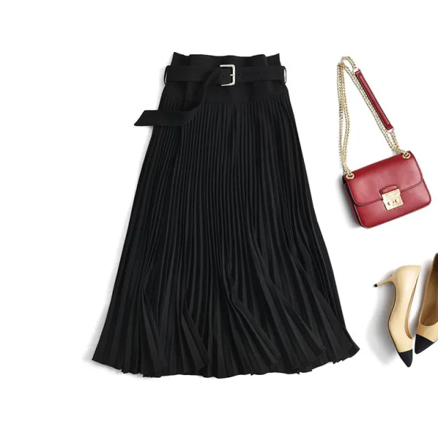 Small people wear high waisted pleated skirt women's midi skirt Black - Shop at LoveMi