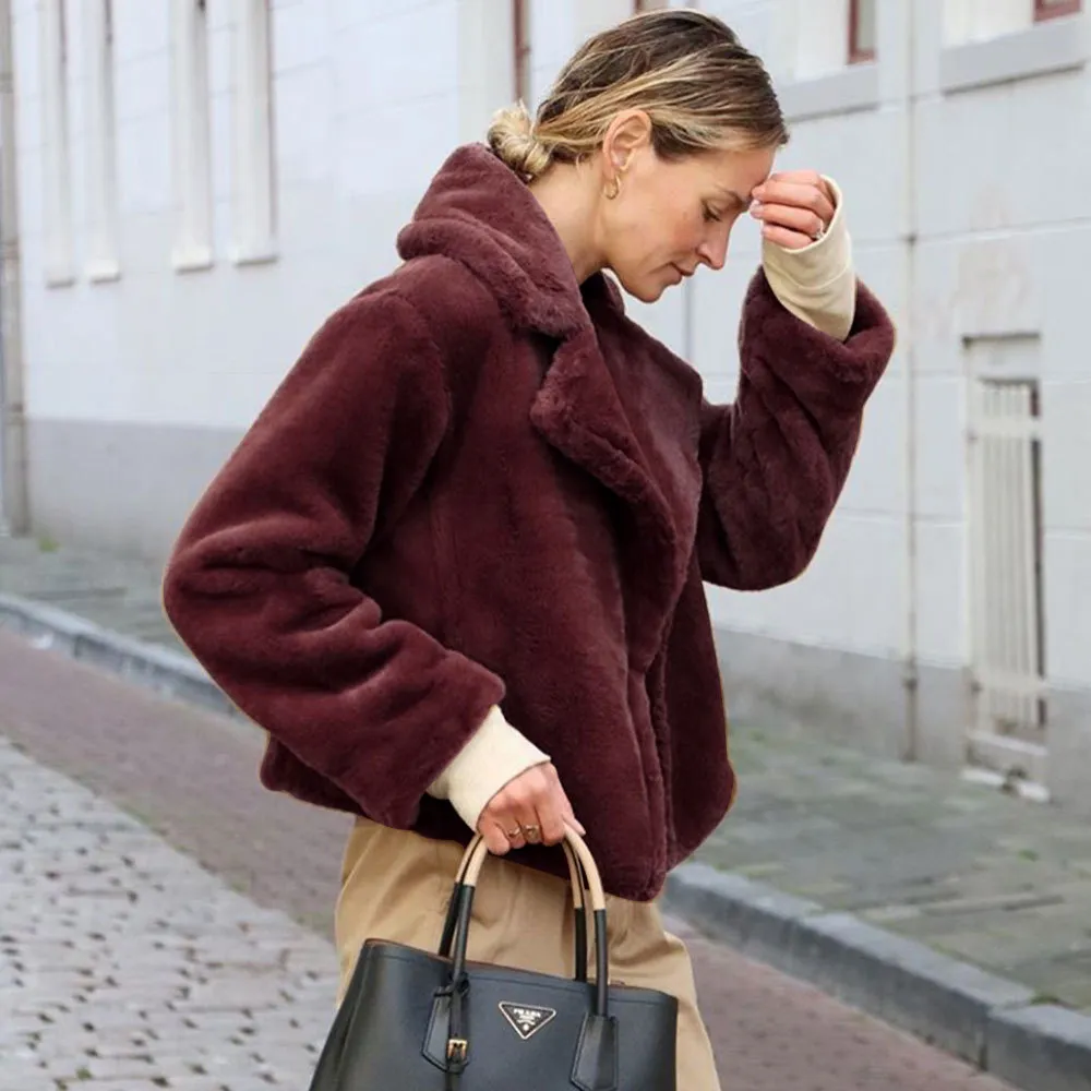 Rabbit fur plush coat top - Wine Red