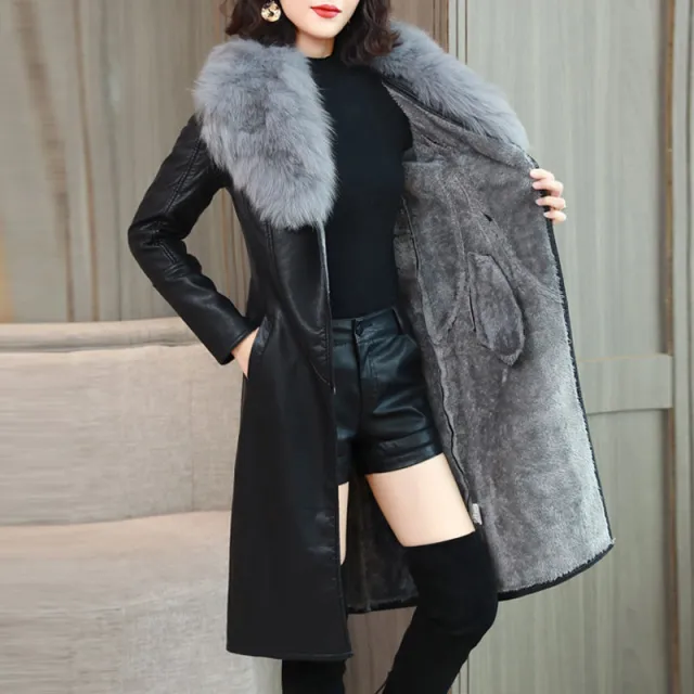Velvet Warm Long Leather Jacket Grey - Shop at LoveMi