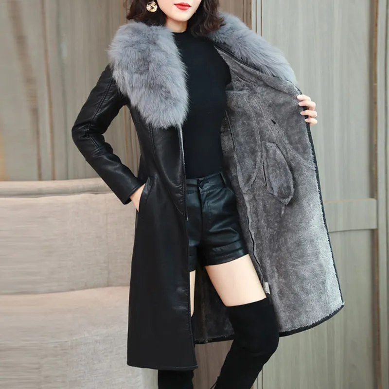 Velvet Warm Long Leather Jacket - Grey