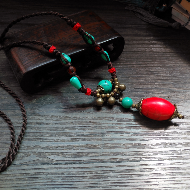 Bohemian ethnic hand-knitted turquoise sweater chain
