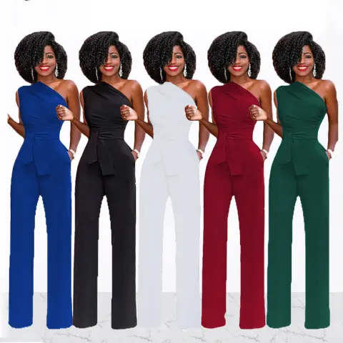 Solid Color Slant Collar Button Up Jumpsuit