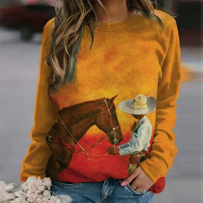 Pullover sweater urban casual trend round neck print horse - 07-Xxl