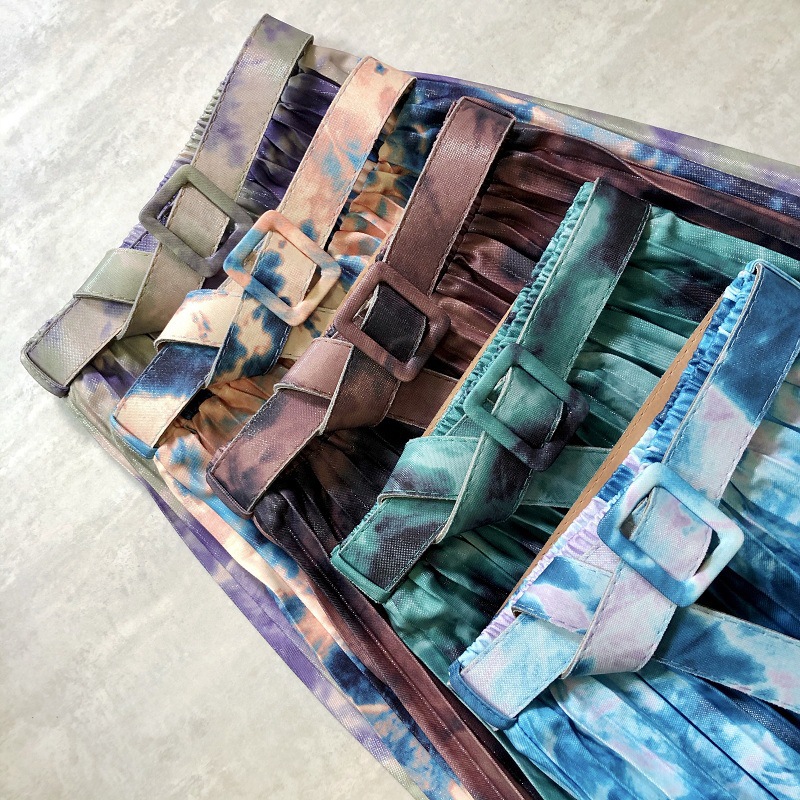  half skirt commuter star tie dye splash ink streamer print belt mid length pleated skirt high waist