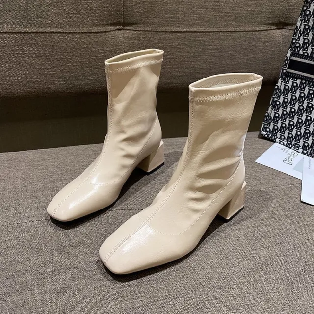 High heeled net red leather Martin boots Beige - Shop at LoveMi