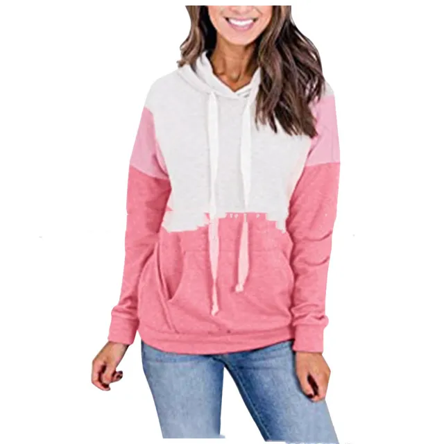 Stitching contrast color hooded sweater women Pink - Shop at LoveMi