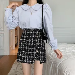 High-waisted woolen cloth with thin buttocks and a-line skirt - Black - View 1