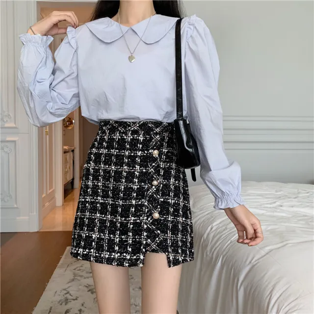 High waisted woolen cloth with thin buttocks and a line skirt Black - Shop at LoveMi