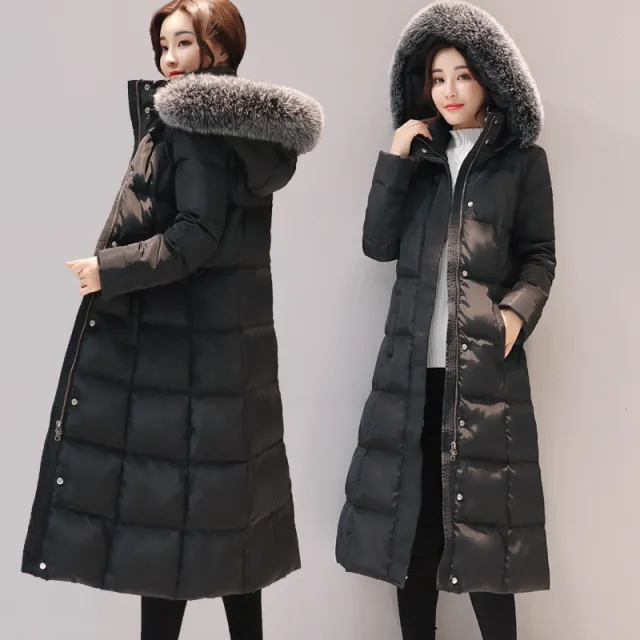 Hooded long down padded jacket with faux fox fur collar Black - Shop at LoveMi