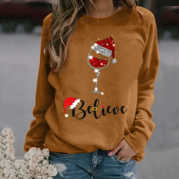 Printed long-sleeved round neck sweatshirt - Khaki