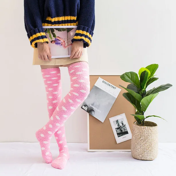 Winter long tube coral fleece ladies over the knee socks Pink - Shop at LoveMi