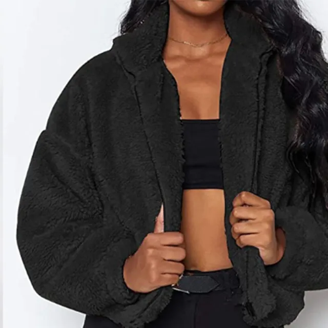 Women's warm coat faux fur jacket winter strong zipper loose long sleeves Black - Shop at LoveMi