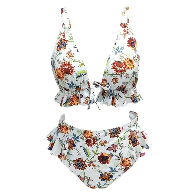 Ruffled bikini high waist printed swimsuit White - Shop at LoveMi