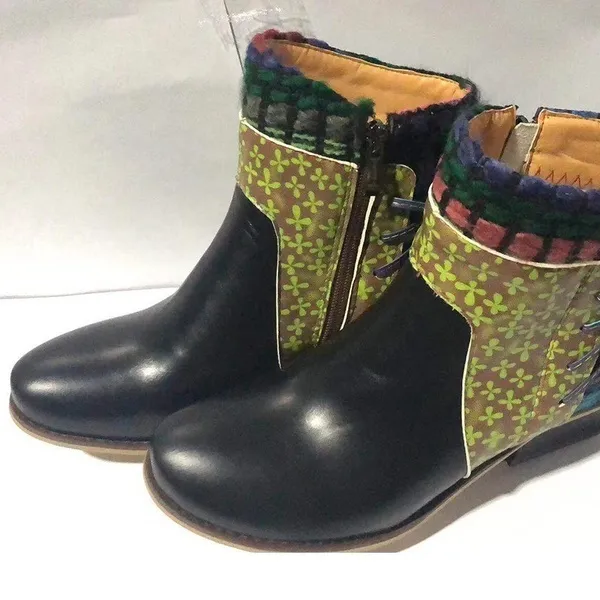 Retro fabric stitching adjustable leather pattern warm boots Black - Shop at LoveMi