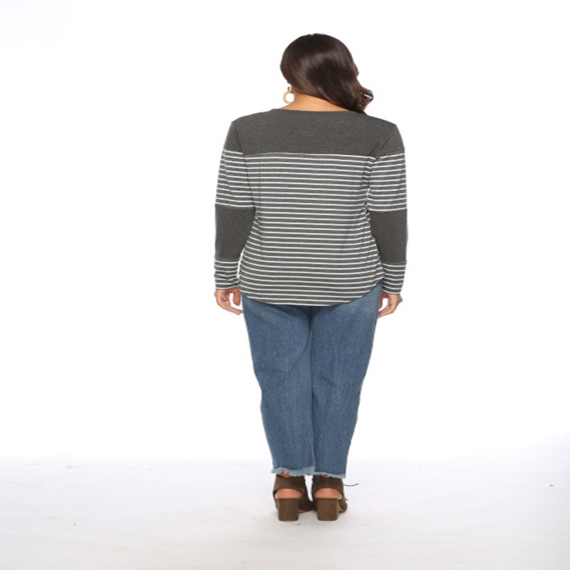 Casual striped stitching long-sleeved loose T-shirt top