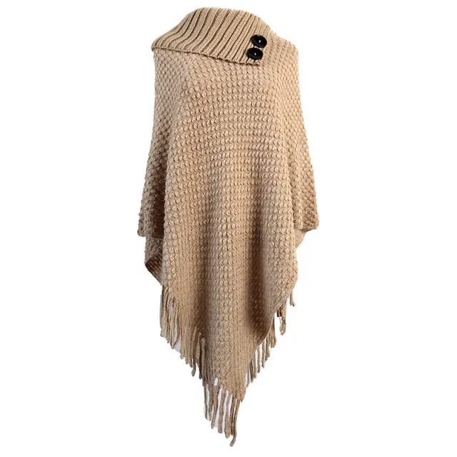 Buttoned half open collar tassel cape shawl Khaki - Shop at LoveMi