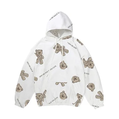 Plush bear full print hooded street fashion sweater White Thin Section - Shop at LoveMi
