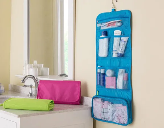 Travel Foldable Hanging Makeup Organizer Bag Portable Toilet Cosmetic Bag Storage Organiser for Outdoor Camping Blue - Shop at LoveMi