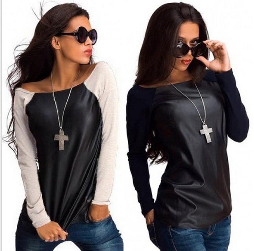 Round neck fashion imitation leather top bottoming shirt