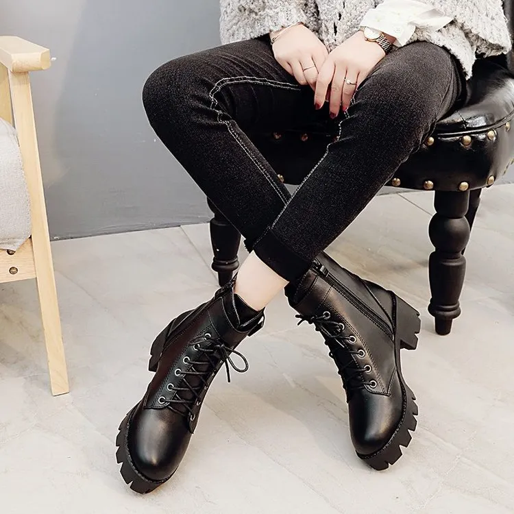 Short boots buckle thick-soled lace-up Martin boots women - Black