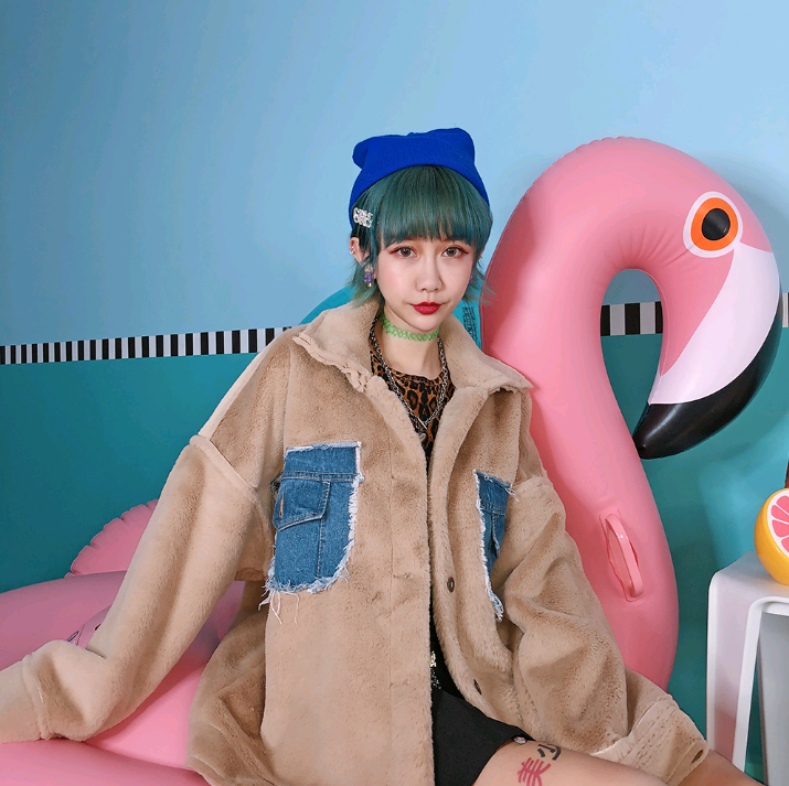 Denim pocket fur lapels autumn and winter women's casual cardigan cute coat