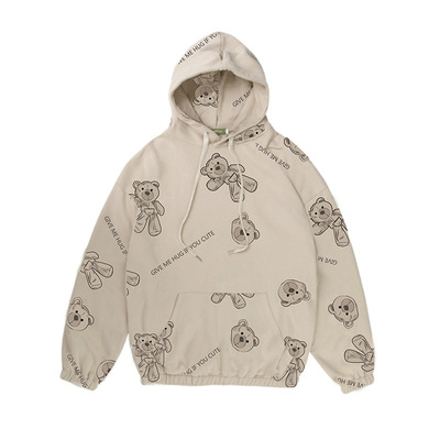 Plush bear full print hooded street fashion sweater Apricot Thin Section - Shop at LoveMi