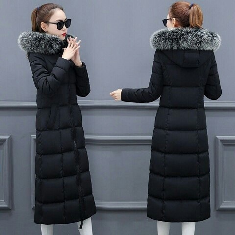 Hooded long down padded jacket with faux fox fur collar