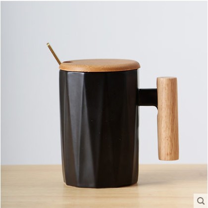 Simple Nordic style mug with solid color wooden handle