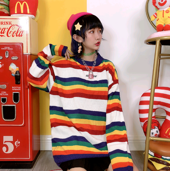 new rainbow striped sweater long sleeve loose sweater