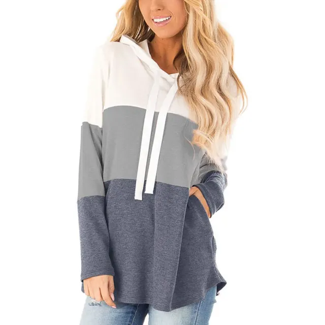 Three color pocket contrast color hooded sweatshirt Grey - Shop at LoveMi