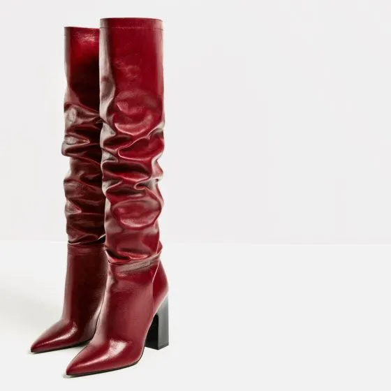 Pointed chunky heel pleated knee high boots Red - Shop at LoveMi