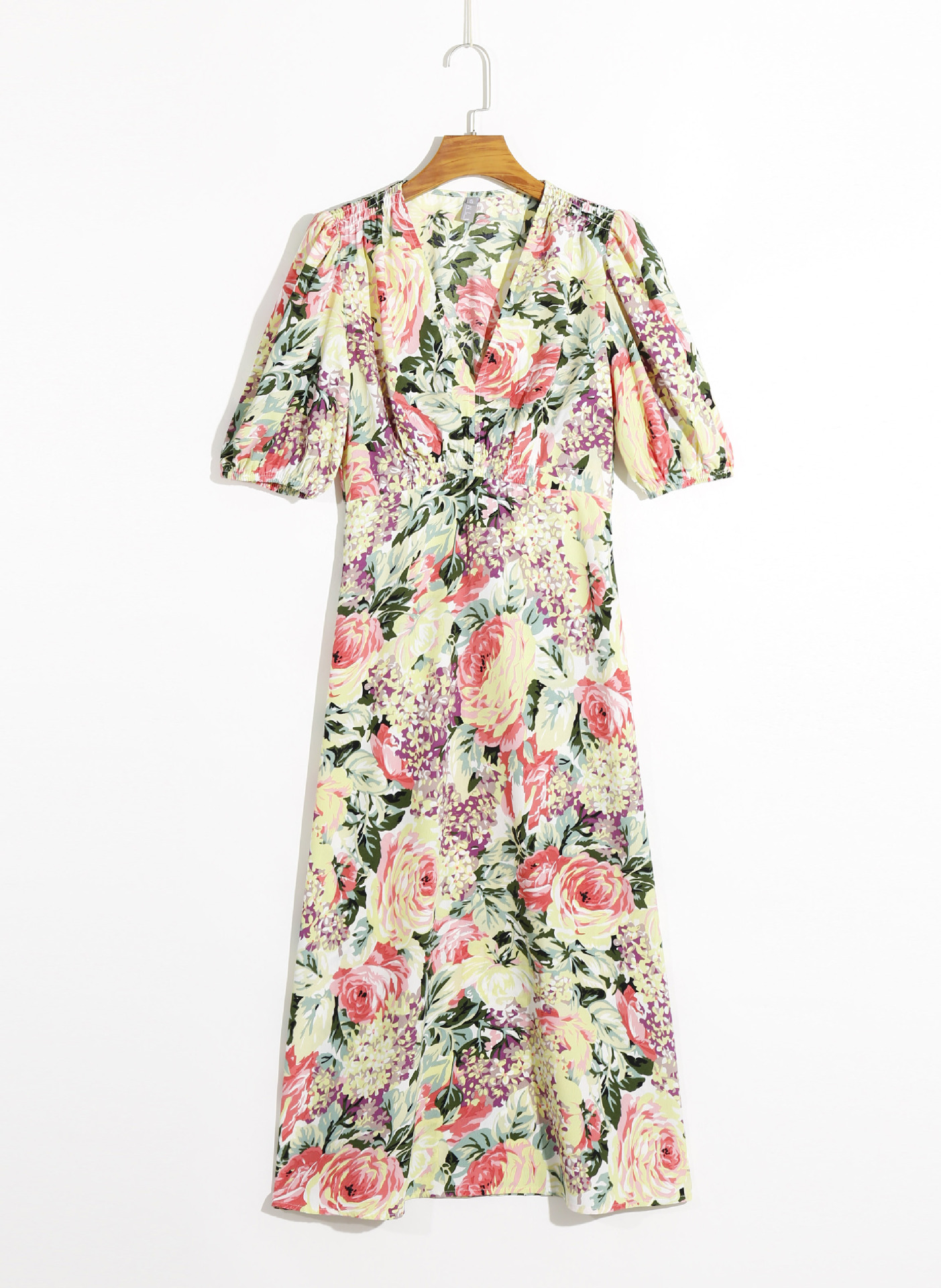 Printed V-neck lantern sleeve mid-length dress