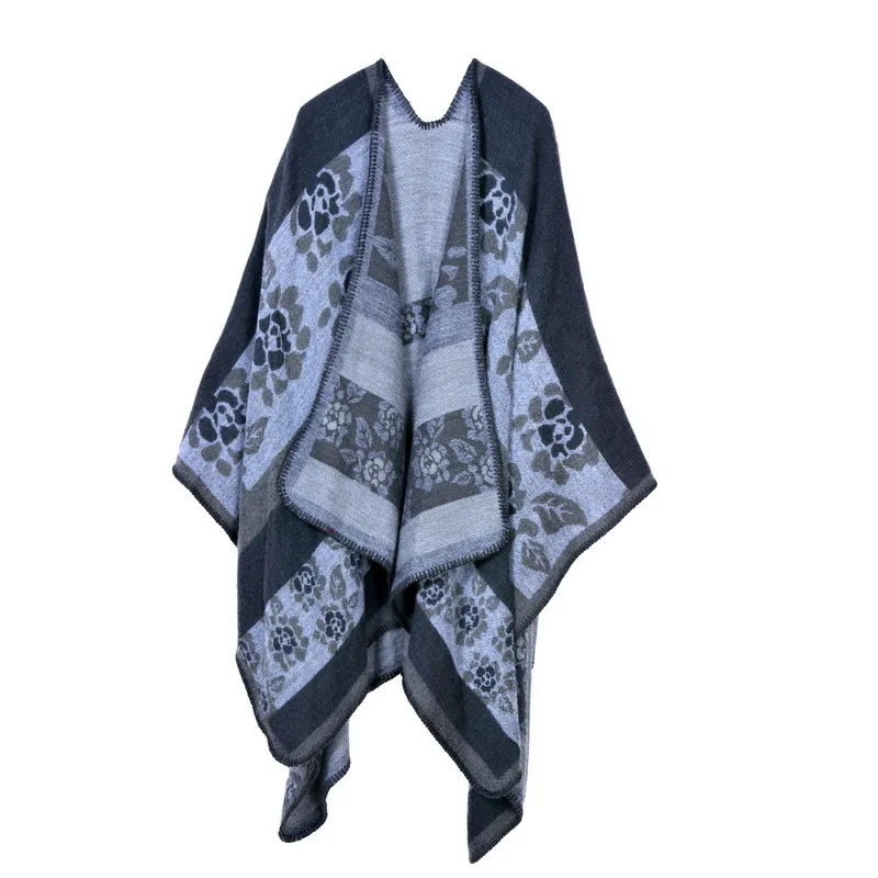 Thickened florets warm cashmere shawl cape - Grey