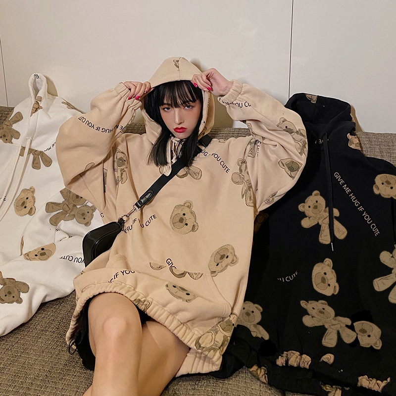 Plush bear full print hooded street fashion sweater